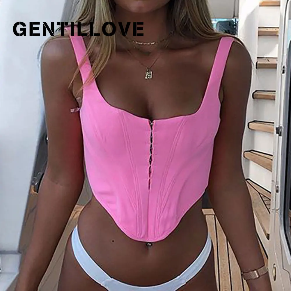 

Gentillove Women Summer Hidden Breasted Solid Vest Sexy Cryptographic Tank Top Backless Strap Sleeveless Square Collar Crop Top