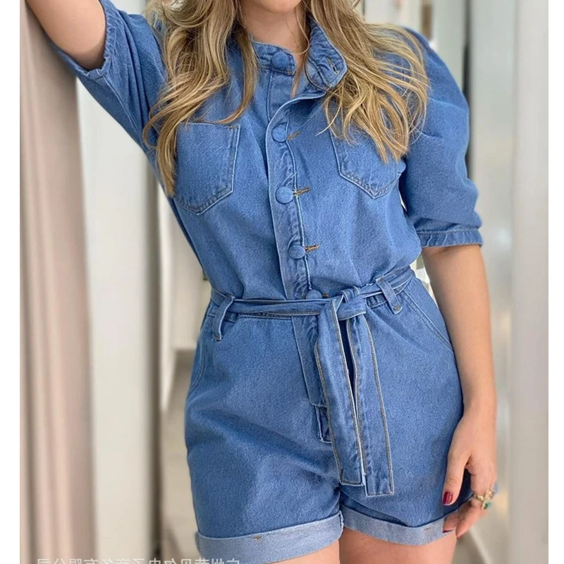 

Women Short Sleeve High Waist Blues Short Pants Jeans Jumpsuits Streetwear Denim Playsuits Romper Denim Jumpsuit