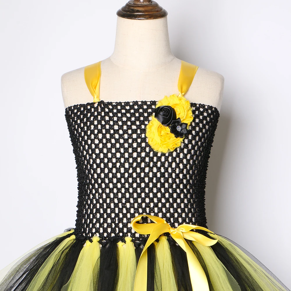1 Set Bee Girls Tutu Dress Yellow Black Honeybee Fairy Costume Outfit Kids Halloween Masquerade Party Fancy Dresses | Детская одежда и