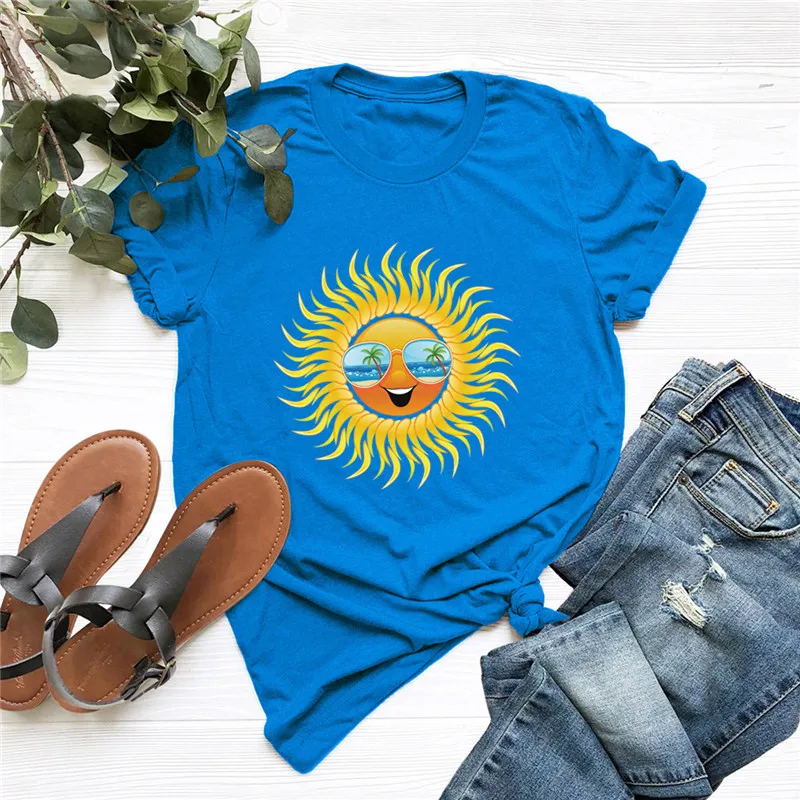 

Plus Size S-5XL Women Tshirt Fashion Sun Printed Shirt 100%Cotton Women Shirts O Neck Short Sleeve Tees Summer Loose Tops