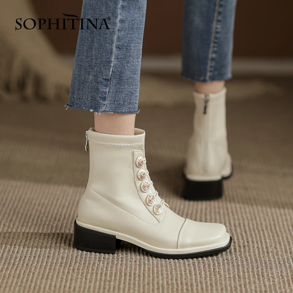 

Женские ботильоны на платформе SOPHITINA, повседневные эластичные ботинки с квадратным носком, на металлической молнии, на пуговицах, универсал...