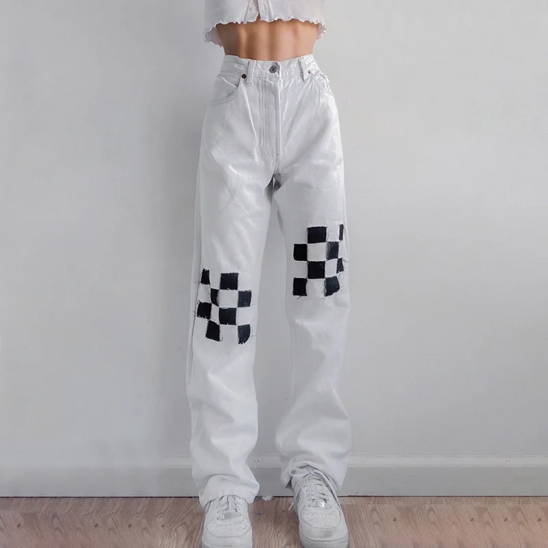 

Women Trendy Straight Jeans Black White Plaid Cloth Patchwork High Waist Wild Casual Street Outerwear Denim Trousers