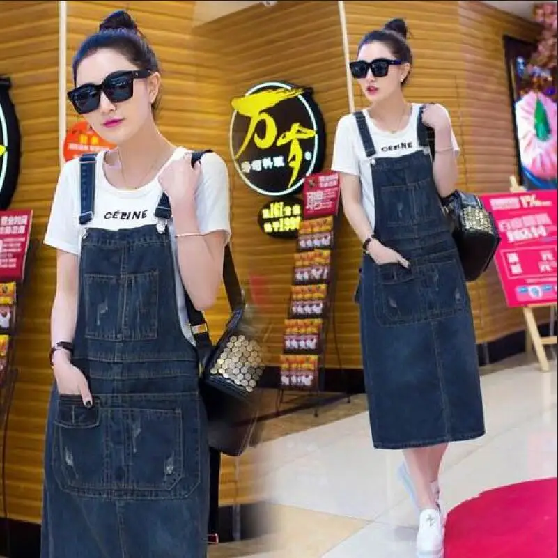 

fashion Vestidos Long Denim Dress Women Summer Plus Size Loose Sundress Jeans Dresses Female Frayed Sleeveless Strap Dress S-5XL