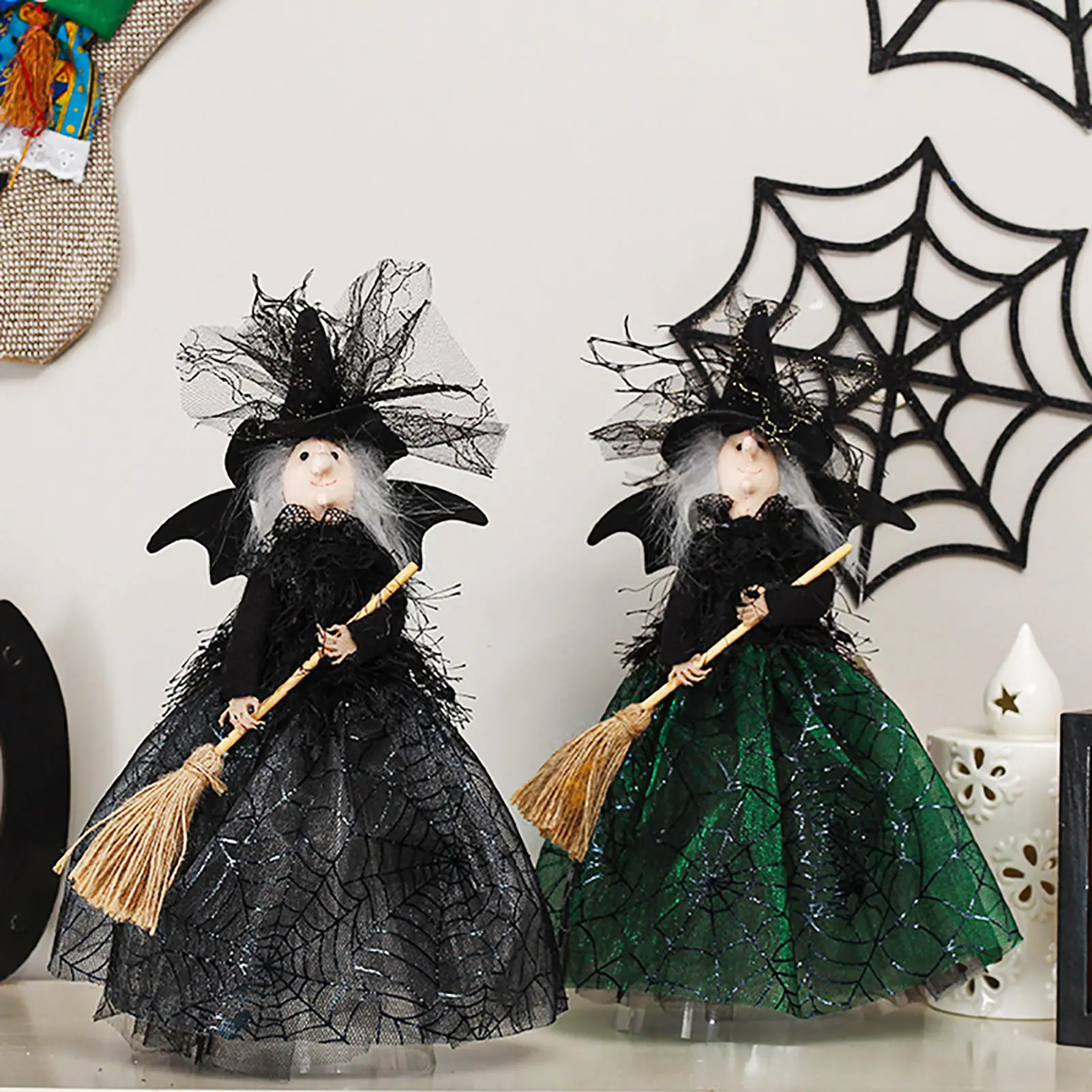 

1pcs Halloween Witch Doll Tapered Base Magical Atmosphere Horror Broom Witch Doll Desktop Ornaments Halloween Decoration