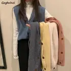 Женский свитер, жилет с V-образным вырезом, однотонный свободный универсальный джемпер в Корейском стиле на пуговицах, Модный мягкий простой студенческий модный джемпер для отдыха