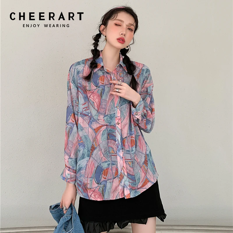 

CHEERART Pink Blue Tie Dye Long Sleeve Top Button Up Summer Shirt Women Floral Print Loose Collared Shirt Designer Fashion