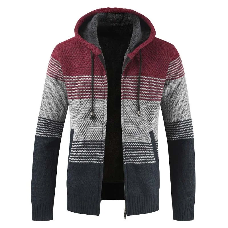 Thick Wool Coat Hooded Autumn Winter New Warm New Stripe Men's Sweater Sweaters Cardigan Jumpers Zipper Fleece Coat Men Hombre