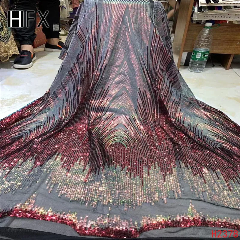 HFX нигерийская кружевная ткань 2019 высокого качества Кружева блестки тюль кружева