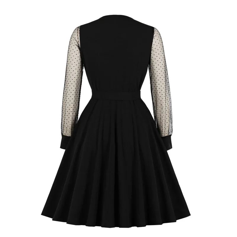 Осеннее Черное женское ретро платье с длинными рукавами v образным вырезом