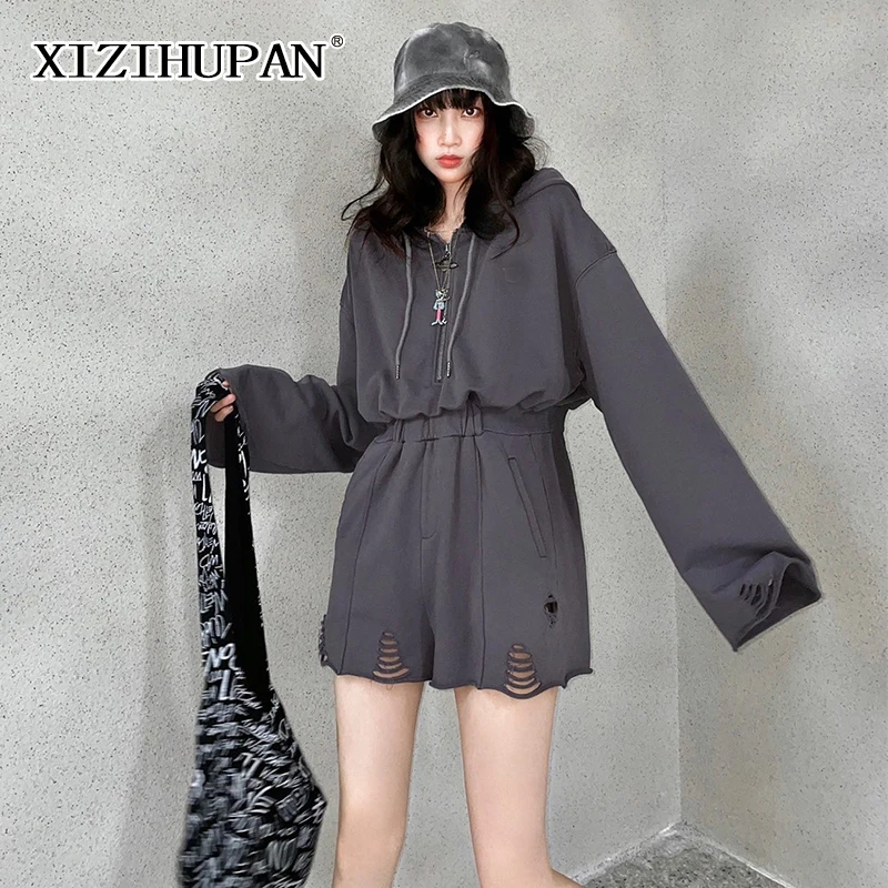 

Повседневный женский комбинезон XIZIHUPAN с вырезами, с капюшоном и длинным рукавом, с высокой талией, винтажные Свободные Комбинезоны с широки...