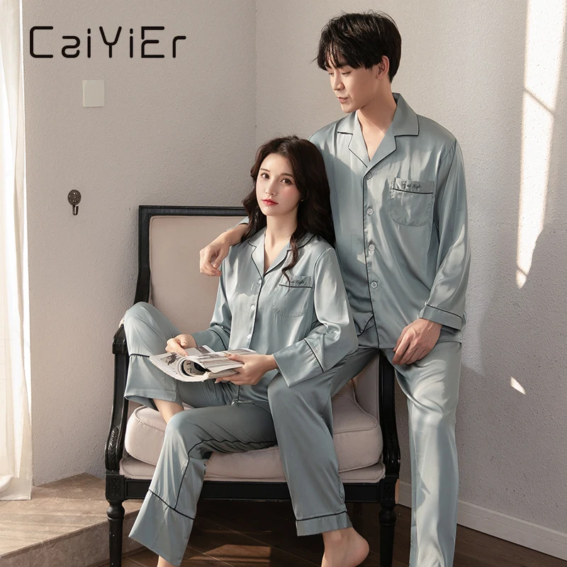 CAIYIER Solid Loves Pajamas Set Sexy Silk Satin Couple Sleepwear Men & Women Nightwear Long Sleeve Casual Winter Homewear M-3XL