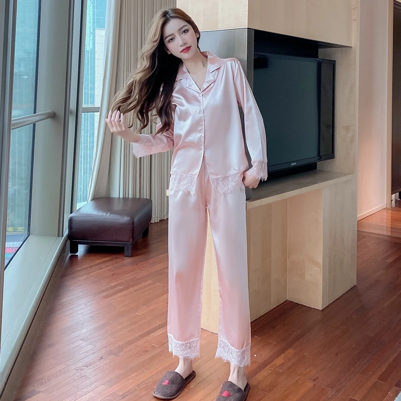 CAIYIER Sexy Satin Lace Trimmed Pajama Set Autumn Women Long Sleeve Silk Pyjamas Winter Casual Sleepwear Homewear 2Pcs Nightwear