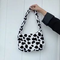 cow print baguette fashion fluffy bag white women plush shoulder bag winter handbag small ladies hand bag handbag for woman 2020