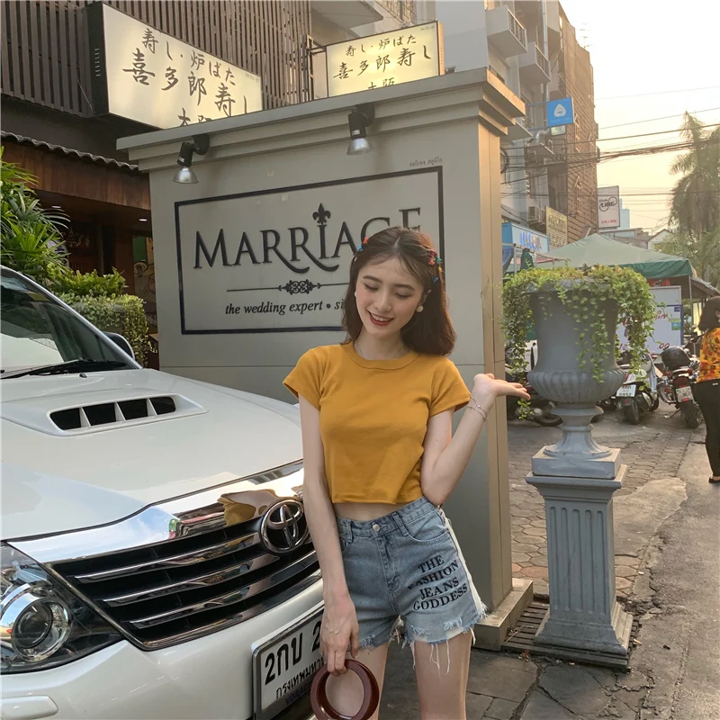 Летняя Базовая Универсальная Короткая свободная футболка в Корейском стиле