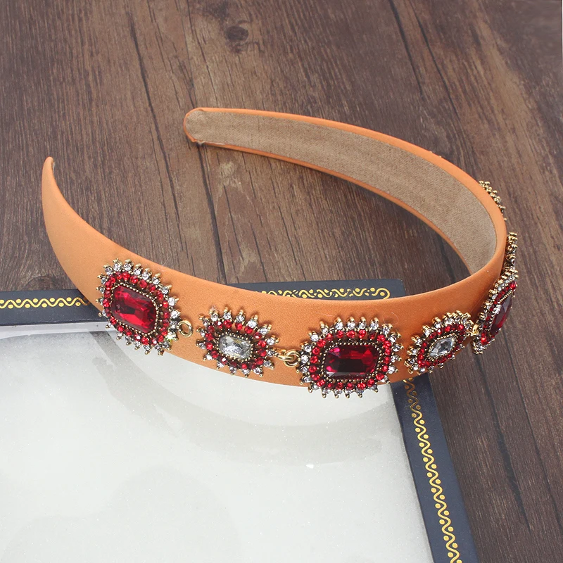 Wide Vinatge Baroque Luxury Red Crystal Tiara Queen Headband Sparkly Rhinestone Hairband For Women Wedding Hair Accessories