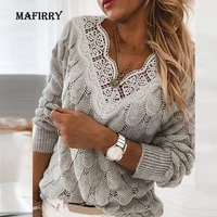 casual office lady 3xl hollow pullover tops elegant women lace v neck solid sweater autumn winter long sleeve knitting jumpers