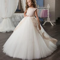 ball gown flower girls dresses 2021 lace sash toddler party dress for wedding with bow knot long tulle pageant gown vestido