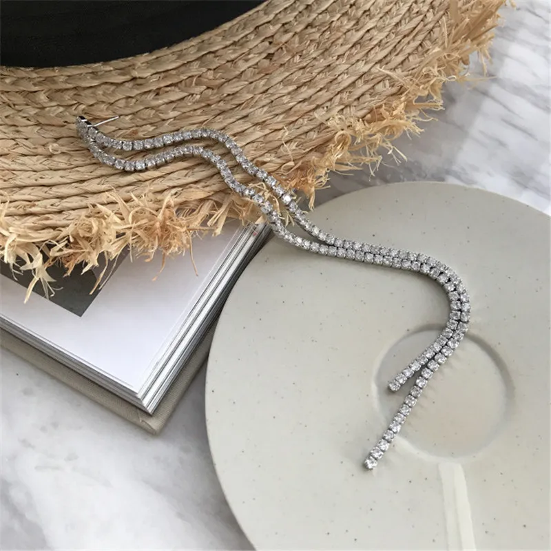 

POFUNUO Real 925 Sterling Silver Women Party Wedding Jewelry Long Tassel Earrings Female Resplendent AAA Zircon Valued Earrings