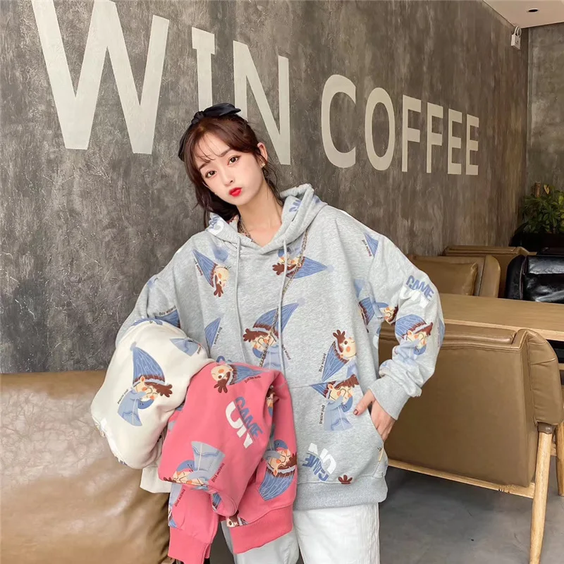 

Oversize Autumn and Winter New Korean Style Loose Student All-match Cartoon Tie-dye Plus Velvet Sweater Jacket Women Crop Hoodie