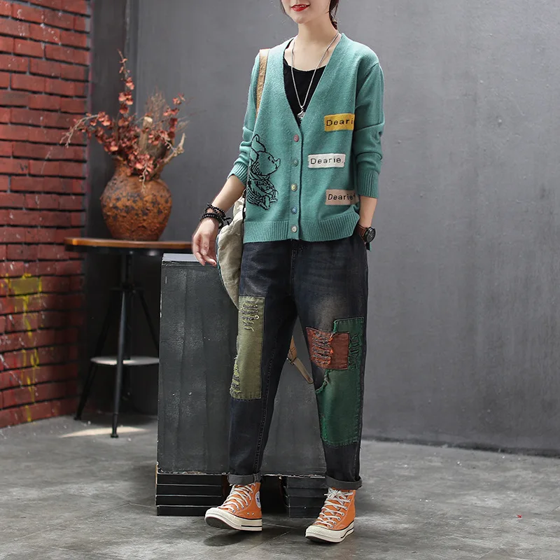 Женский вязаный свитер Свободный Повседневный Кардиган в стиле ретро с длинными