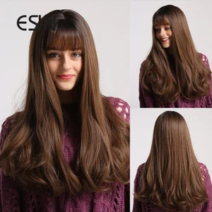 ESIN темно-коричневый Длинный натуральный волнистый парик с воздушной челкой ежедневные прямые синтетические парики для женщин термостойкие волосы