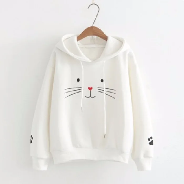 

Fleece Sweatshirt Women's Embroidered Loose Pullover Cat Face Hooded Sweatshirts Girl's Pink Tops Casual Street Clothes