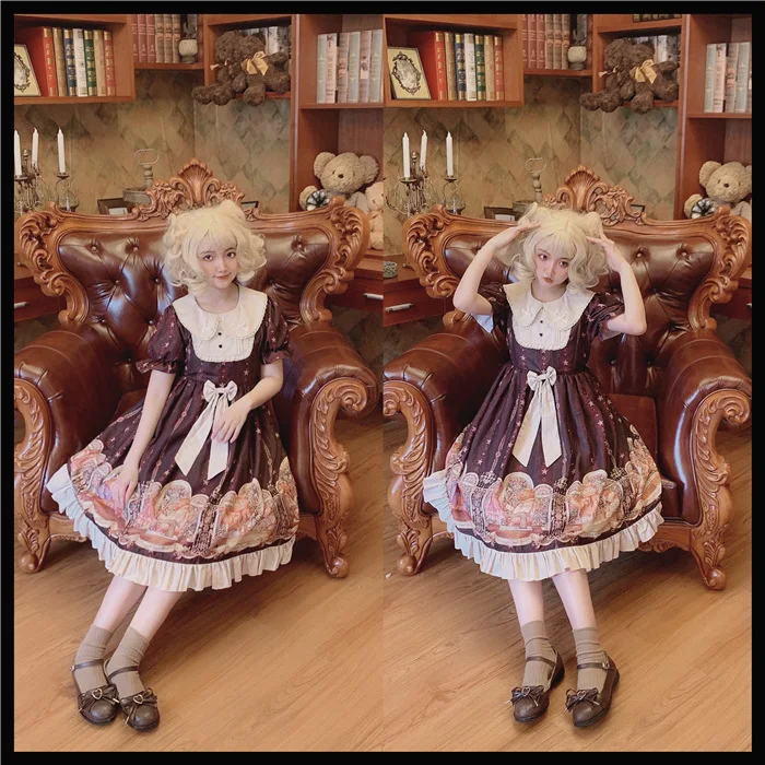 

Bear Inventor Sweet Women's Lolita OP Dress Short Sleeve Peter Pan Collar Dress Cute Lace Bows Trim Dress One Piece