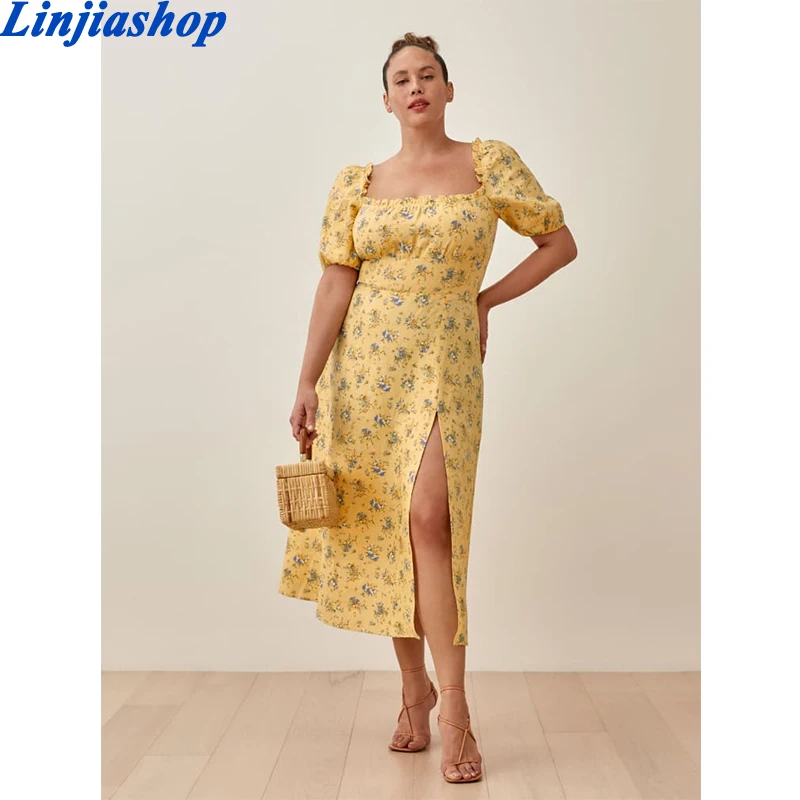 

Женское шифоновое платье с квадратным вырезом, Элегантное Длинное Платье с винтажным принтом и пышными рукавами в Корейском стиле на лето