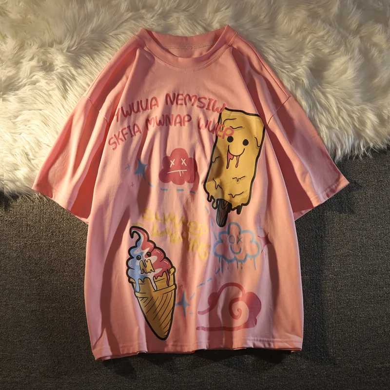 

Summer Japanese Preppy Style Soft Girl Cute Cartoon Print Short-sleeved T-shirt Harajuku Loose Casual T-shirt Student Tee Tops