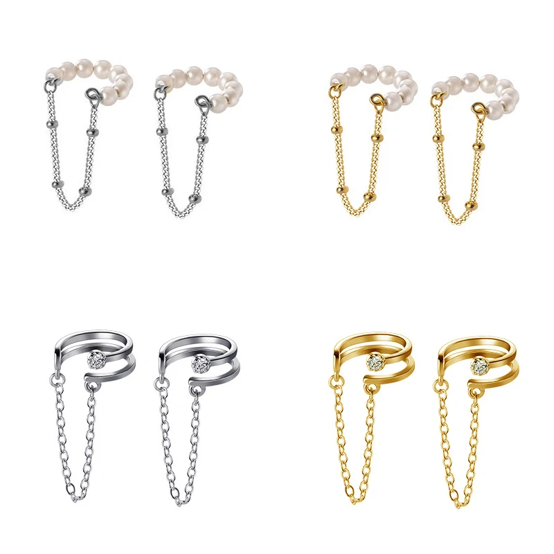 

INZATT Real 925 Sterling Silver Bead Chain Tassel Zircon Pearl Clip Earrings For Fashion Women Cute Fine Jewelry Accessories