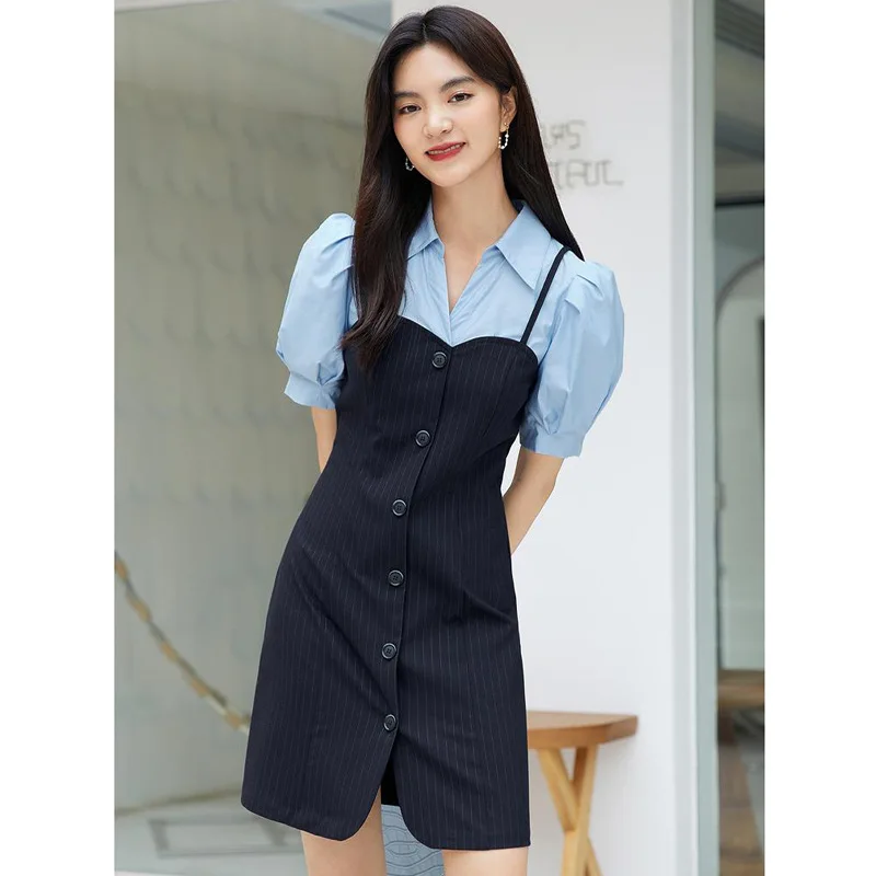 

Dress 2021 Female Patchwork Office 2021 Female Short Sleeve Button Casual Women's Dresses Camisole Dresses Woman Summer 2021