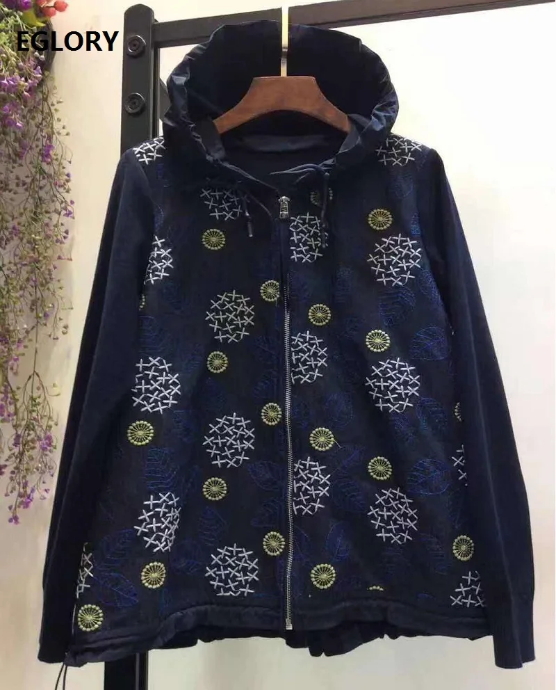 

Hoodies Jacket 2020 Spring Autumn Casual Tops Coat Women Exquisite Embroidery Long Sleeve Coat Jackets Dark Blue Grey Outerwear