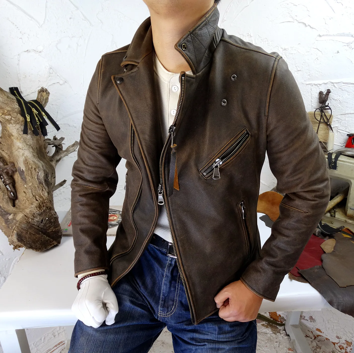 

Tea Core Cowhide American Luxury Heavy Industry Pure Hand-Made Old American Retro Men's Dark Brown Genuine Leather Jacket