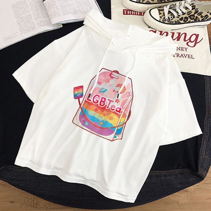 

ЛГБТ гомосексуальные Графические футболки Мода кроп-топ Love Is Wins 2021 Женские топы с коротким рукавом и капюшоном размера плюс Топы женские фу...