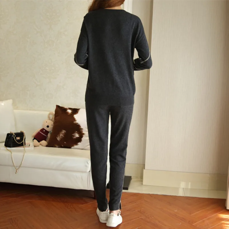 

Trousers O-neck Special Offer Fashion New 2020 Winter Knit Heavy Industry Beaded Mink 2 Piece Set Women Two-piece Female Casual