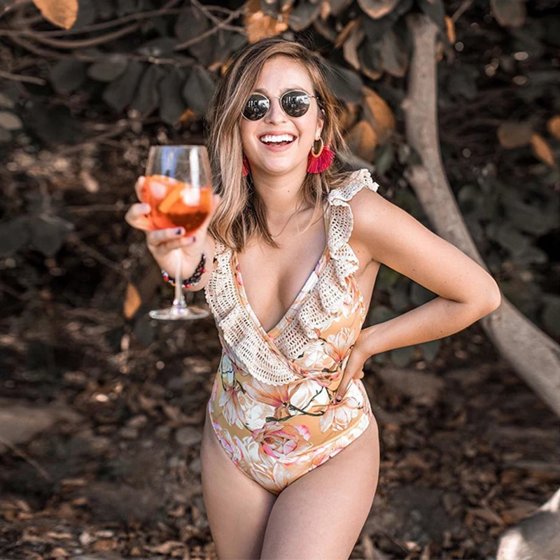 LEEMIIJUU пикантные Цветочный принт с кружевной оборкой Одна деталь бикини