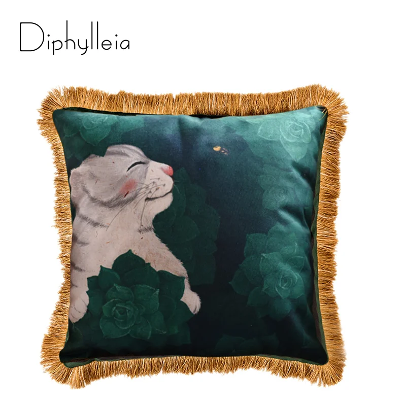 

Diphylleia Retro Pillow Cover Cute Kitten Cat Print Luxury Velvet Lime Dark Green Cushion Cover Pillowcase Home Decor 45x45cm