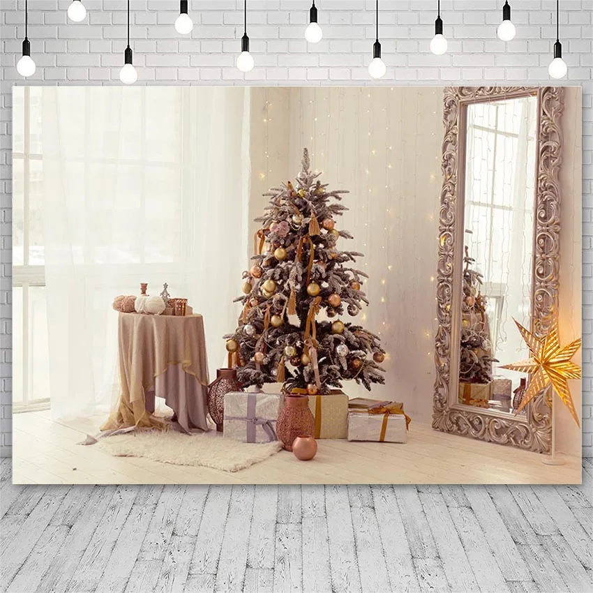 Avezano Photo Backdrop Winter Merry Christmas Tree Table Curtain Gift Mirror Light Decor Photography Background For Photo Studio