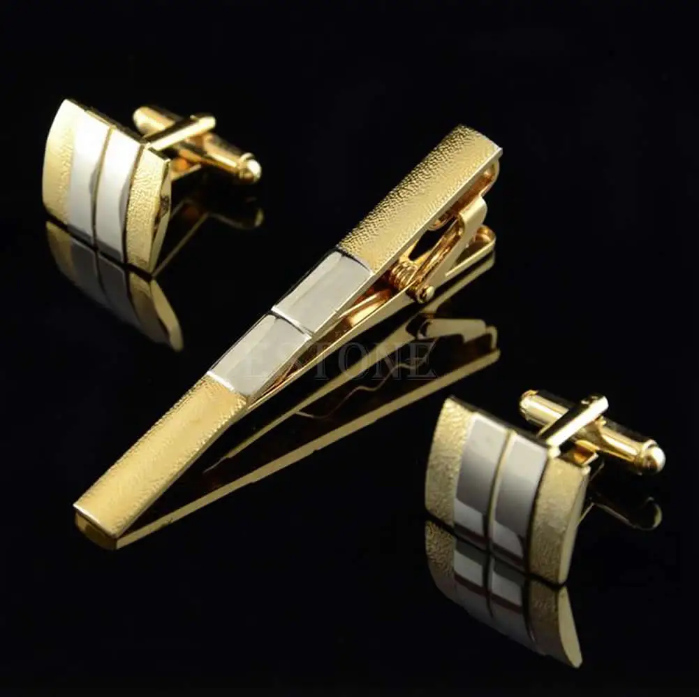 

LXAE Fashion Men Necktie Tie Bar Clasp Clip Cufflinks Sets Gold Simple Party Gift New
