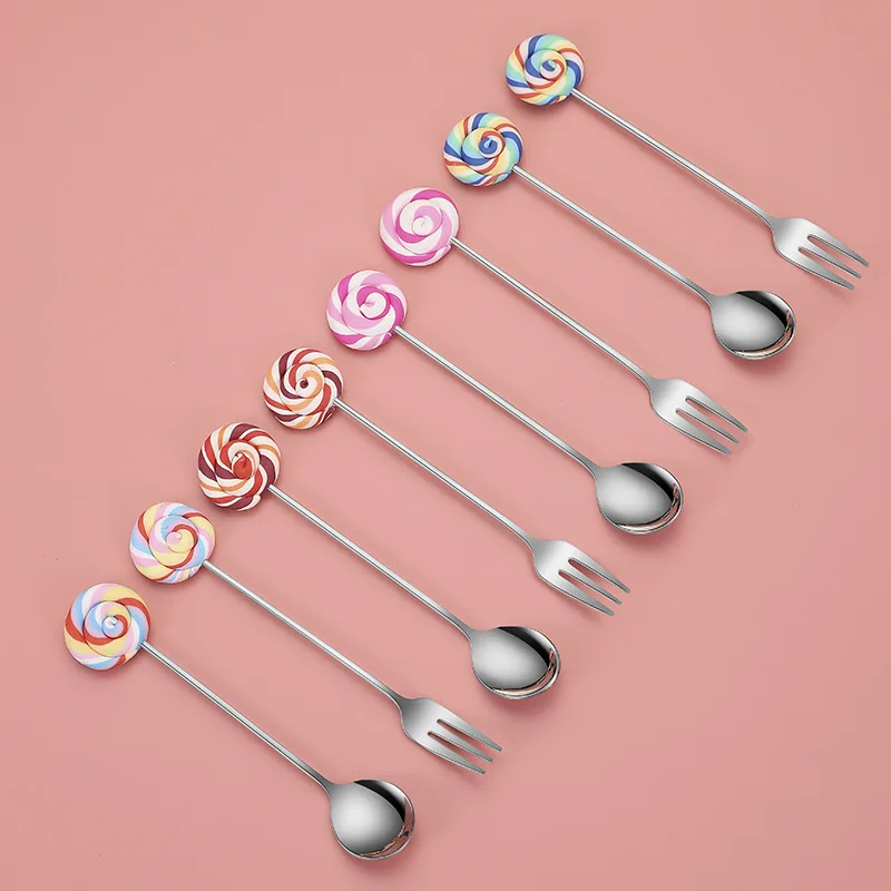 

Donut Lollipop Fork Spoon 304 Stainless Steel Dessert Fruit Forks Honey Coffee Stirring Spoon Kid Cutlery Dinnerware Accessories