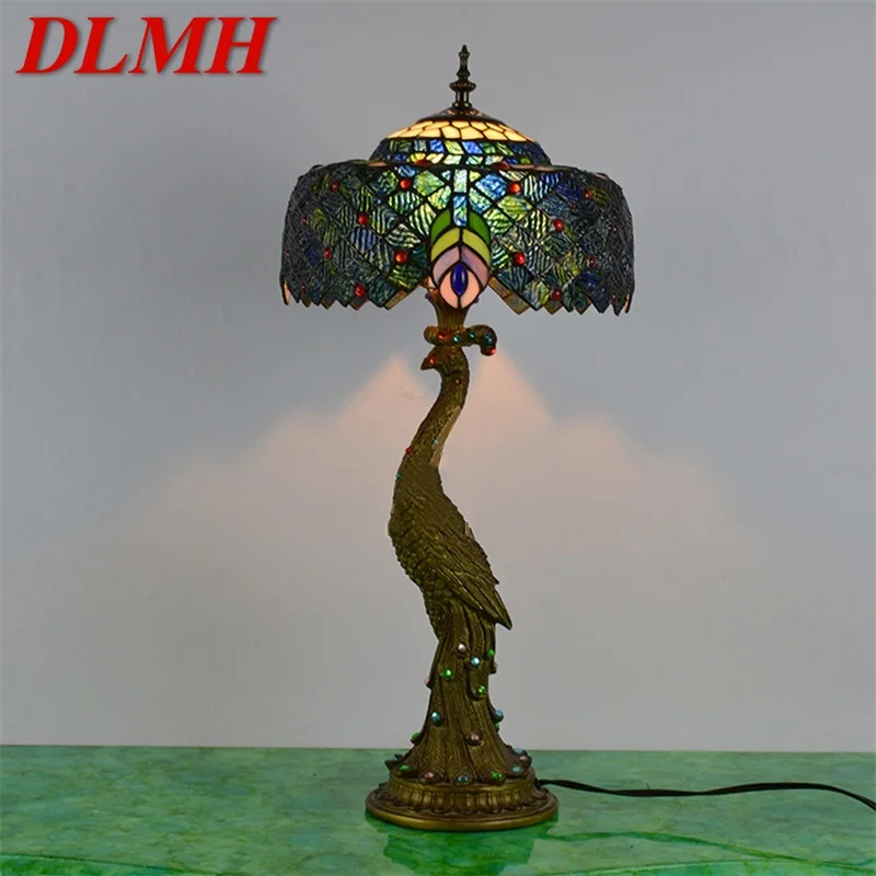 

DLMH Tiffany Table Lamp Peacock Contemporary Retro Creative Decoration LED Light For Home