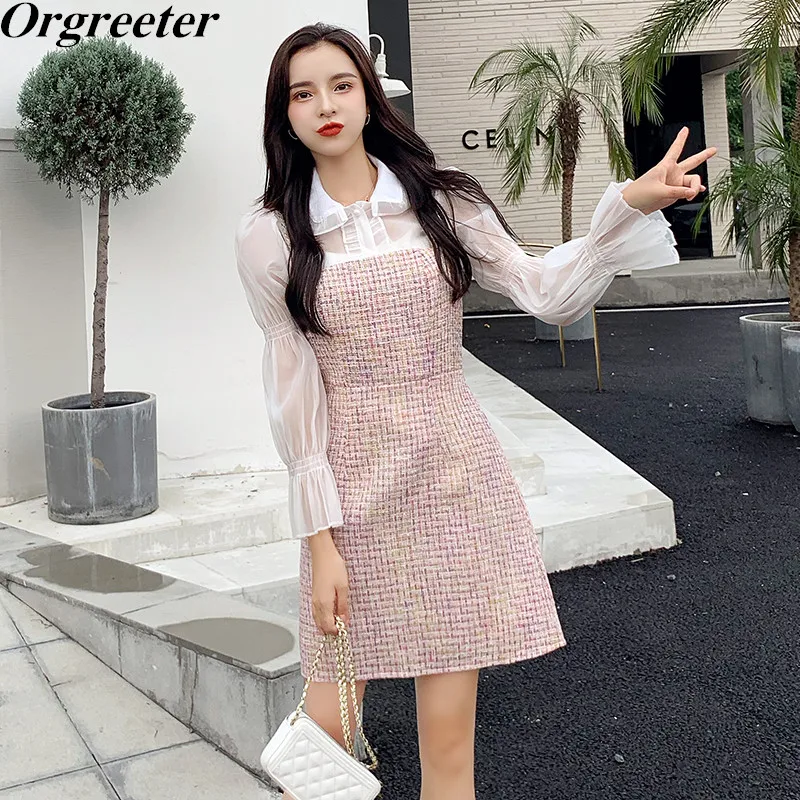 

Женский твидовый мини-костюм, Элегантная блузка с пышными рукавами и шерстяное платье с цепочкой, комплект из двух предметов, осень 2021