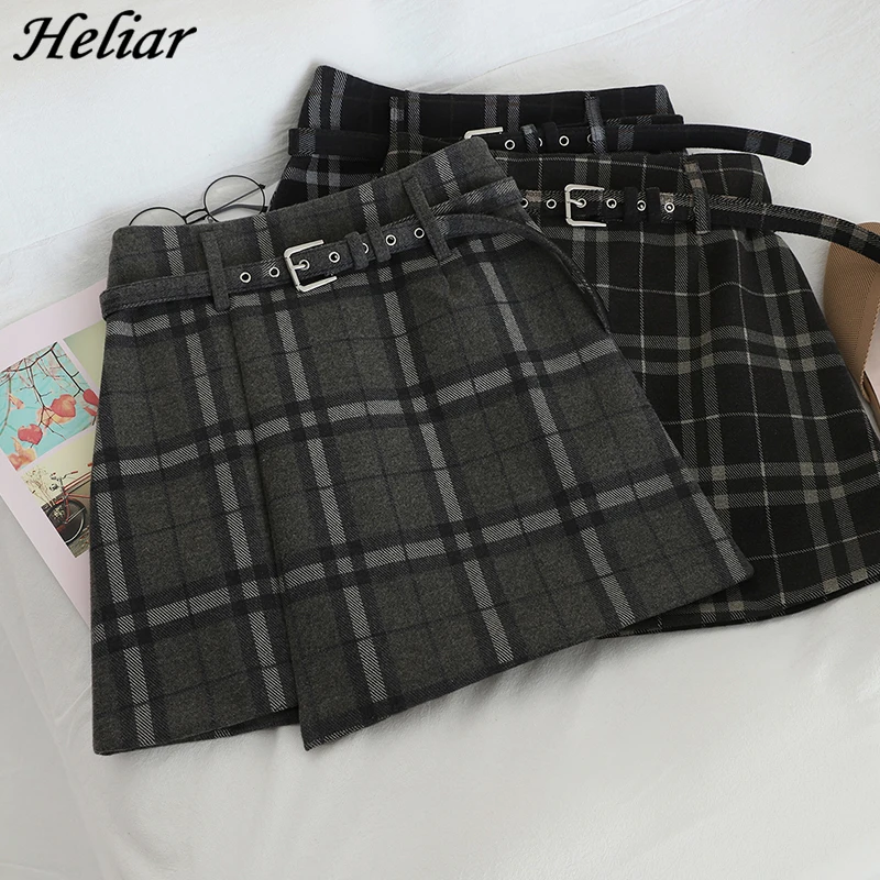 HELIAR Preppy Plaid Woolen Shorts With Pocket Women Sashes Shorts Wide Leg Outwear Shorts Fall Winter Street Shorts Women