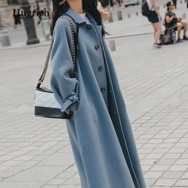 

Autumn And Winter Women Coat Over Knee Tweed Korean Haze Blue Artificial Wool Jacket Elegant Wool Blends Trench Overcoat Female