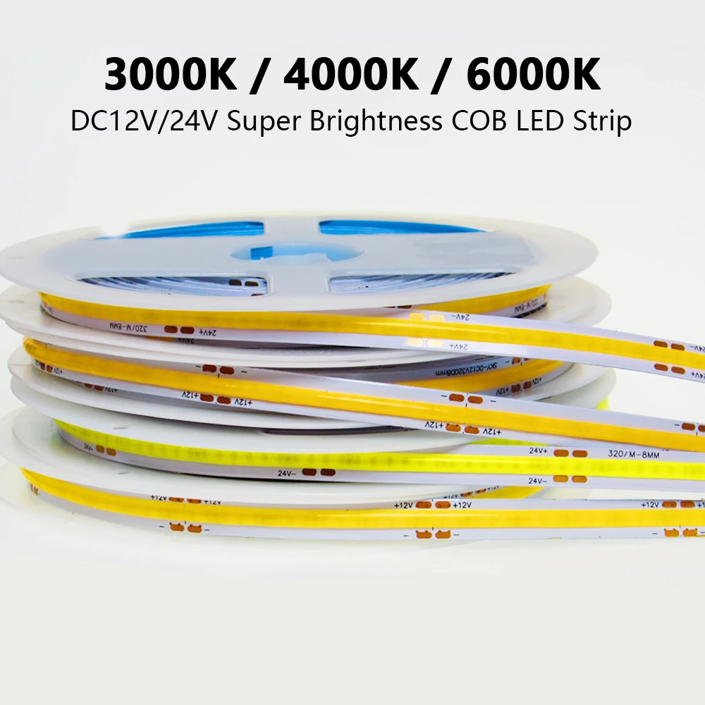FCOB LED Strip Light 320 LEDs High Density Flexible FOB COB Led Lights RA90 Warm Nature Cool White Linear Dimmable DC12V 24V