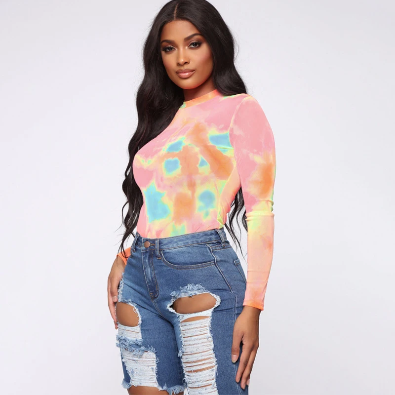 Sweetown облегающее боди с принтом Tie Dye, цветные Вечерние боди с градиентом, женские облегающие боди с длинным рукавом на осень и зиму