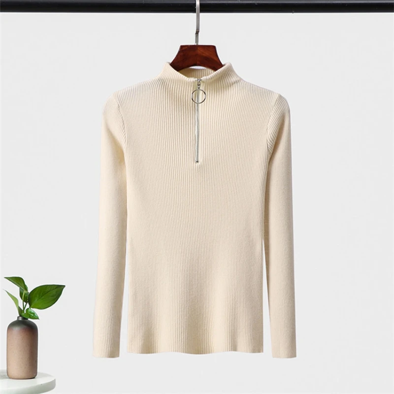 

Casual Zipper Sweater Women Turtleneck Solid Spring Autumn Female Knitted Sweater Pullovers Long Sleeve Chic Soft Jumper Top
