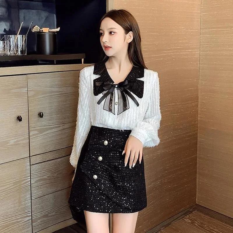 

2021 New Bow Single/Suit Bright Silk Short Skirt Lace Tassel Shirt Western Style Two-Piece Suit