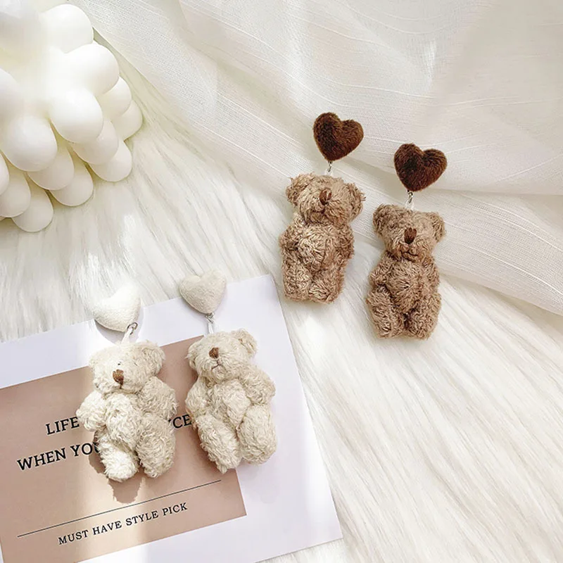 Серьги Мишка Тедди милый стиль ворсинки хлопок шерсть плюш коричневый белый