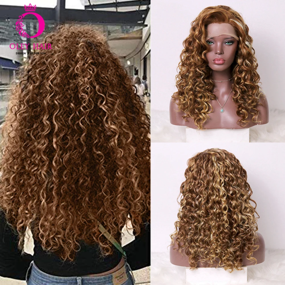 

Highlight Brown Drag Queen Synthetic Lace Front Wig Heat Resistant Blonde Kinky Curly Punk Ombre Wigs For Black Women OLEY